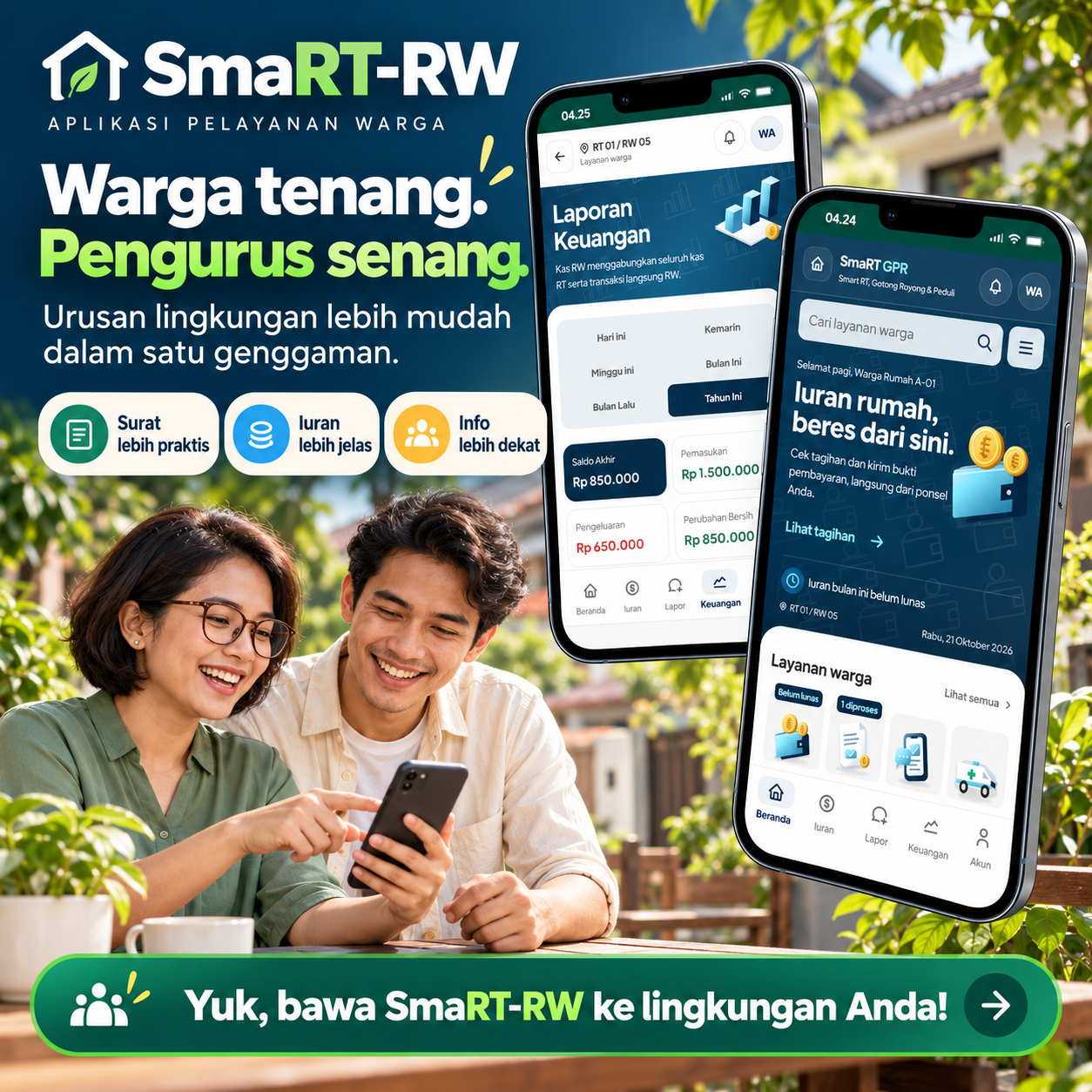 SmaRT RW: warga tenang, pengurus senang. Surat lebih praktis, iuran lebih jelas, dan info lebih dekat.